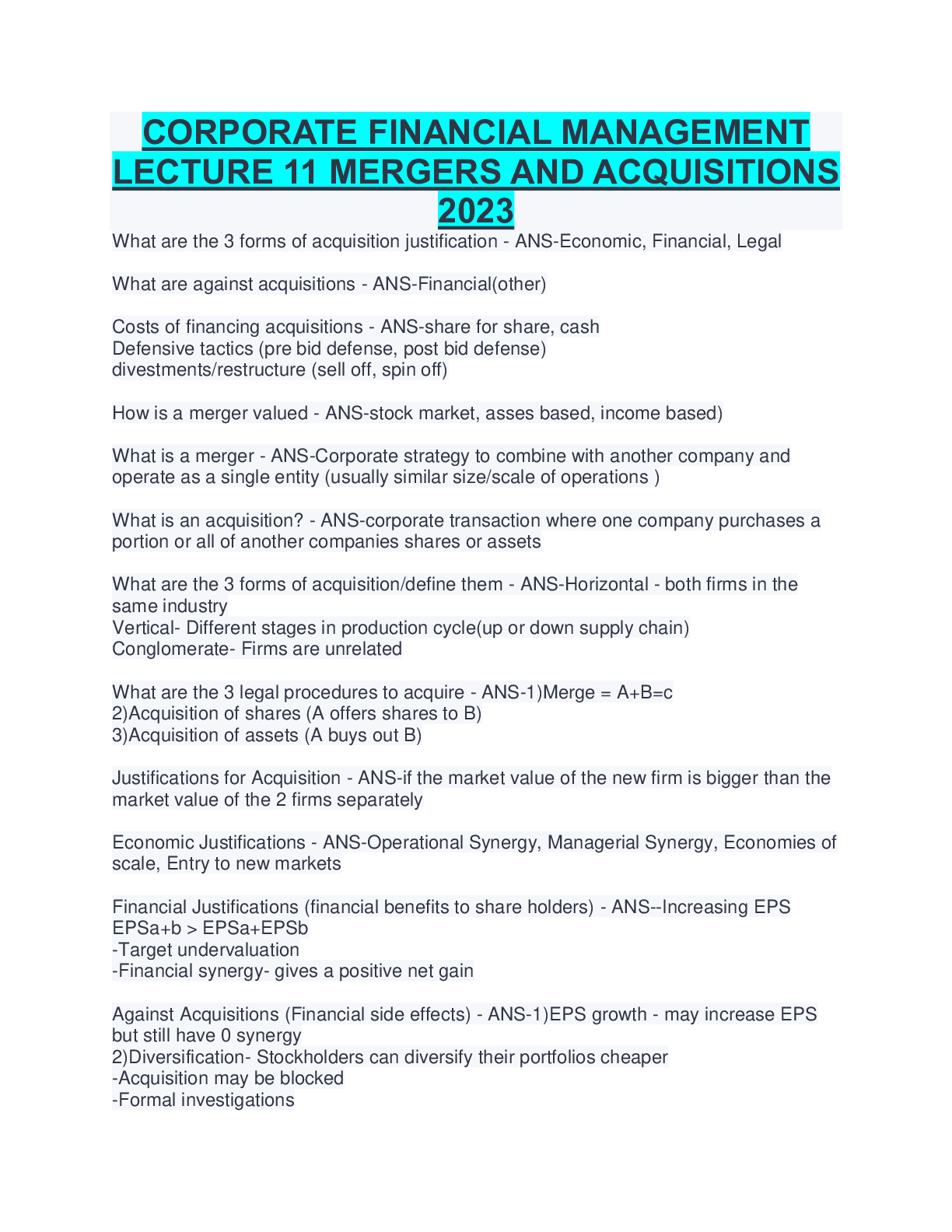 Preview of CORPORATE FINANCIAL MANAGEMENT  LECTURE 11 MERGERS AND ACQUISITIONS 2023